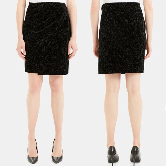 NWT Theory Pleat Wrap Skirt Black/White Dot Velvet Size 6 - Picture 1 of 7